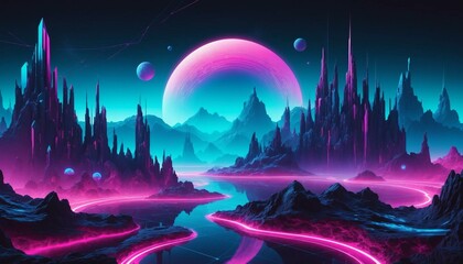 Fototapeta premium Futuristic Neon Landscape with Glowing Planet and Cyberpunk Aesthetic