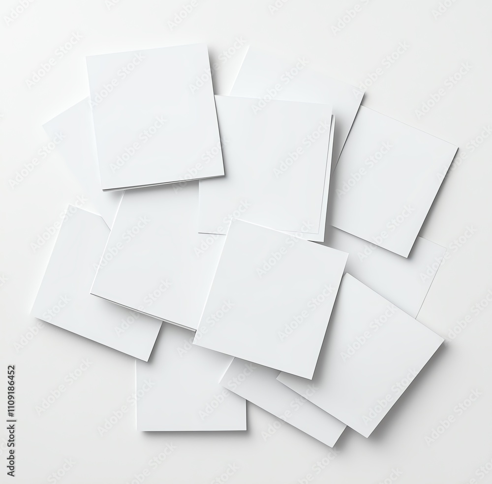 Poster a collection of blank white square cards layered on a light background, perfect for use in design pr