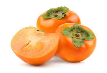 Persimmon fruit with cut in half isolated on white background.