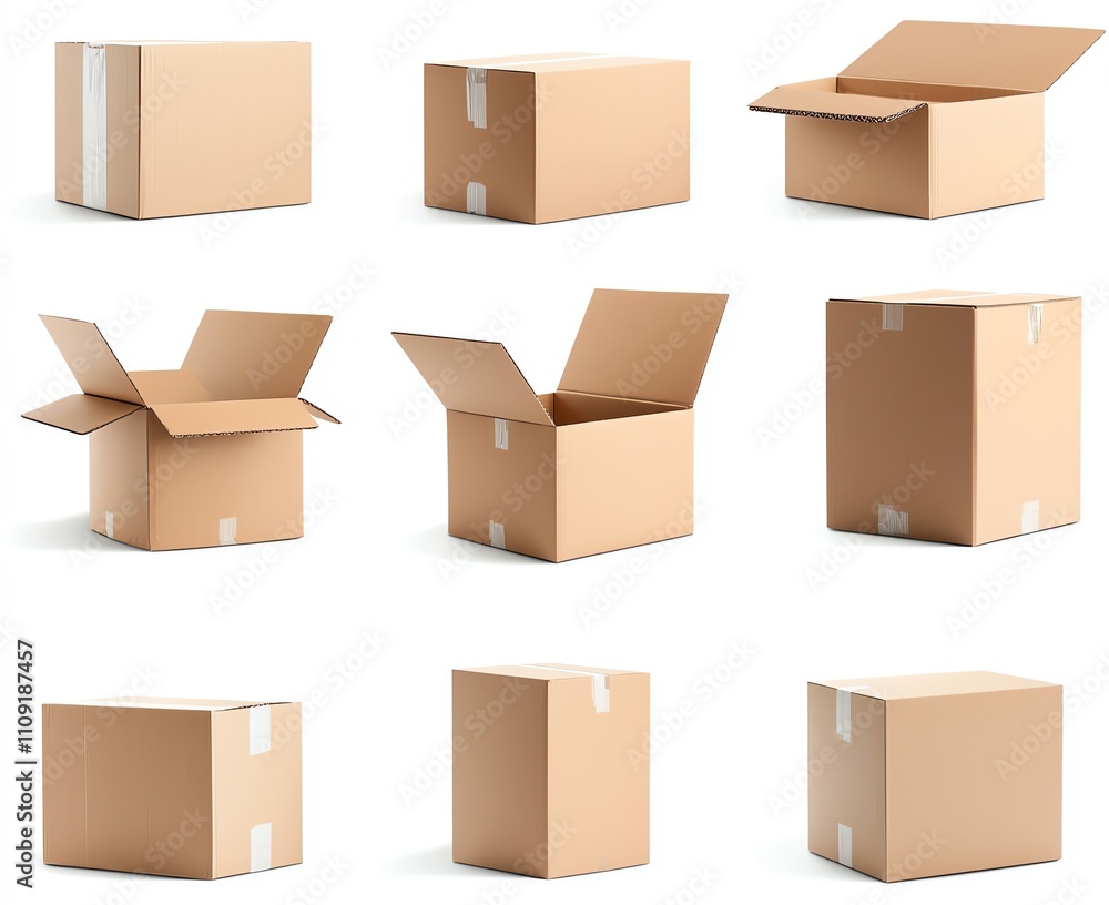 Poster a collection of different cardboard boxes in various open and closed positions, showcasing the versa