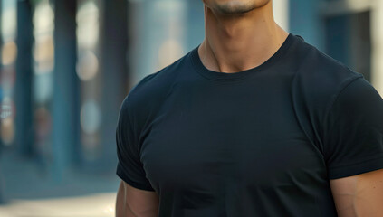 Fototapeta premium A man in blank black t-shirt, front and back view, isolated white background with clipping path. Design men t shirt template and mock-up for print