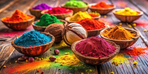 Fototapeta premium A vibrant display of colorful powder pigments arranged in natural bowls, showcasing a spectrum of hues on a rustic wooden surface