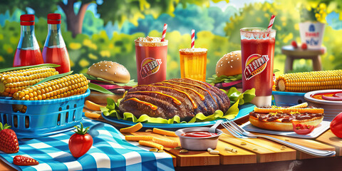 Naklejka premium Backyard BBQ: Warm, inviting colors like barbecue sauce red, corn on the cob yellow, and picnic blanket blue create a backyard BBQ theme