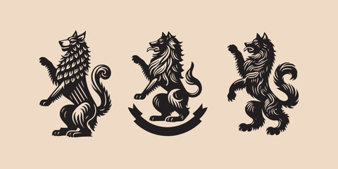Heraldic wolf, dog.  Coat of arms set. Black vector illustration. Icon, logo, emblem. © Victoria