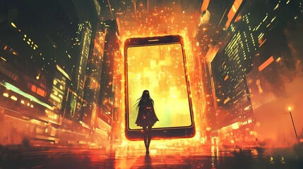 A large mobile phone with a smiling girl emerging halfway out, surrounded by a glowing digital aura, set against a vibrant urban background with soft warm tones