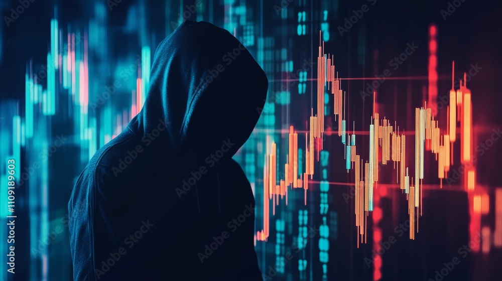 Poster mysterious hacker wearing hoodie analyzing cryptocurrency investment risk analyzing candlestick char