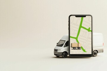 Phone mockup online shopping and business delivery concept. Delivery tracking with smartphone and van model