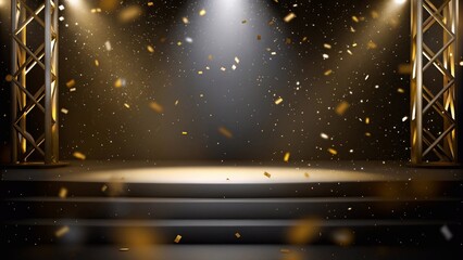 Obraz premium Golden stage illuminated by a spotlight, showered with confetti, set in an empty room for celebrations or presentations.