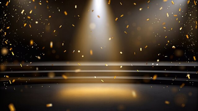 Golden stage illuminated by a spotlight, showered with confetti, set in an empty room for celebrations or presentations.