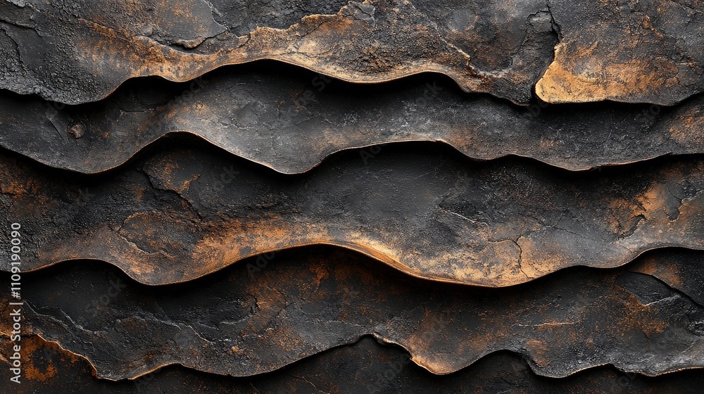 Poster abstract composition of textured layers in dark earthy tones with highlights of rust and orange, ide