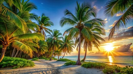 Obraz premium A tropical beach with palm trees swaying in the breeze as the sun sets over the horizon casting a golden glow over the turquoise water