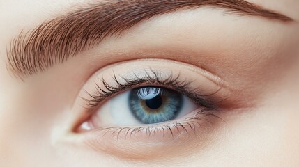 Obraz premium Close-up of a vibrant blue eye with perfect eyebrows and long eyelashes, showcasing natural beauty.