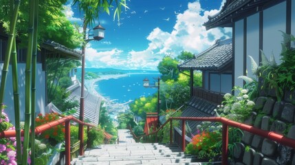 Fototapeta premium A serene coastal path with lush greenery, bamboo fences, flowers, and a view of the ocean under a clear blue sky