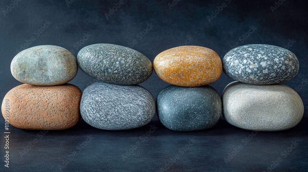 Aufkleber an arranged composition of various smooth river stones displayed on a dark background to highlight t