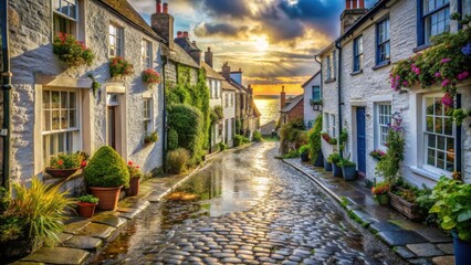 Fototapeta premium Cobblestone street winding through a quaint village at sunset, with the golden light reflecting off the wet pavement and casting long shadows on the colorful buildings.