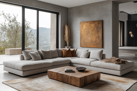 Sleek grey sectional sofa enhances modern living room design with natural elements and stylish decor
