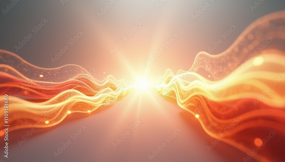 Poster abstract image of flowing glowing orange and white waves converging towards a bright light source.