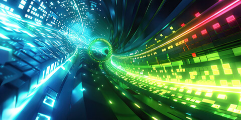 Digital Playground: Bright digital colors like neon green, electric blue, and digital white create a digital playground theme