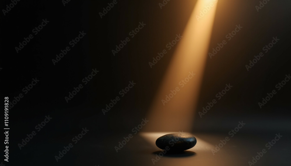 Aufkleber a single dark stone rests in a beam of light creating a minimalist and serene atmosphere.