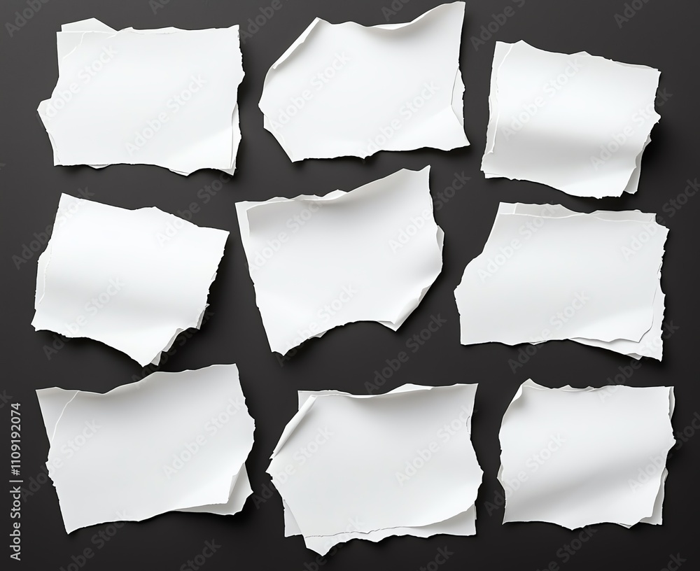 Poster a collection of nine pieces of crumpled white paper arranged in a grid on a dark background. ideal f