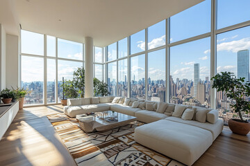 Fototapeta premium Luxurious living room featuring a large cream sofa and stunning city views