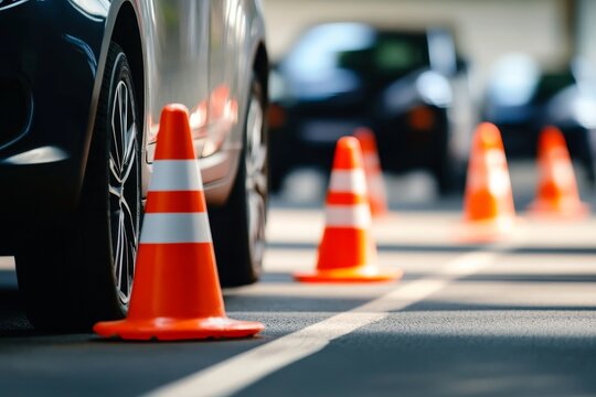 Driving School Car Maneuvers with Cones - Car parked near traffic cones, symbolizes driving lessons, road safety, skill, and precision.  Perfect for driving school marketing.