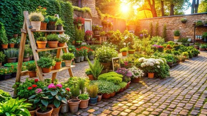 Obraz premium A brick path lined with a variety of potted plants and flowers bathed in the warm glow of the setting sun.