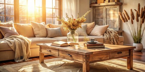 A warm and inviting living room with a plush sofa, soft blankets, a wooden coffee table, and a vase of dried flowers, bathed in the golden glow of sunlight streaming through the window.