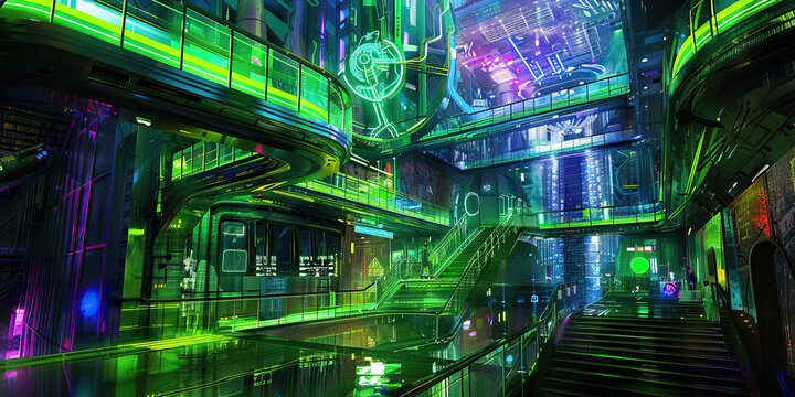 Digital Playground: Bright digital colors like neon green, electric blue, and digital white create a digital playground theme