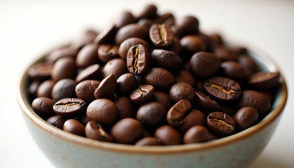 Fototapeta premium A close up shot of a bowl filled with dark roasted coffee beans.
