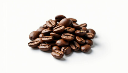 Obraz premium A small pile of roasted coffee beans sits on a white background.