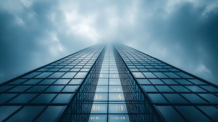 Fototapeta premium Skyscraper Reaching into the Clouds: A Dynamic Perspective of Modern Architecture under a Dramatic Sky Filled with Gray Clouds and Mystique