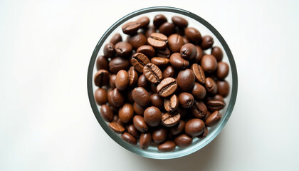 Fototapeta premium A glass bowl filled with dark roasted coffee beans ready for brewing.