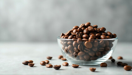 Fototapeta premium Glass bowl with roasted coffee beans on gray surface.