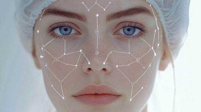 Close-up of a woman's face with aesthetic surgical lines, futuristic facial muscle analysis concept in a modern operating room setting.Ideal for Medical Aesthetics, Portrait Photography, and Surgical 