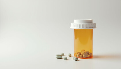 An amber prescription bottle with pills spilled on a white background.