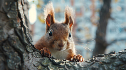 Squirrel hiding in a tree hole in the forest. Amazing wildlife. Generative Ai
