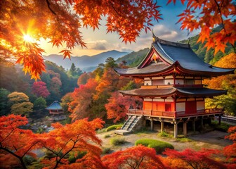 Obraz premium Stunning Japanese Temple Surrounded by Vibrant Autumn Foliage in Tranquil Scenic Landscape, Perfect for Architectural Photography and Nature Lovers