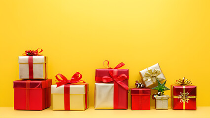 Fototapeta premium Weihnachtsgeschenke schaffen eine festliche Atmosphäre. Der gelbe Hintergrund verstärkt die fröhliche und fröhliche Stimmung der Jahreszeit