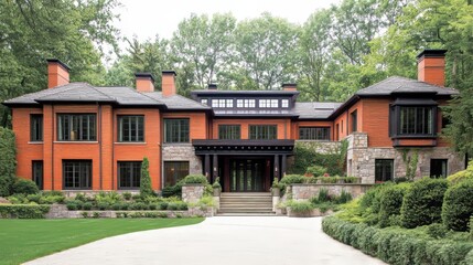 Obraz premium Modern Rustic House with Red Brick Walls, Black Wood Gable Roof and Stone Wall Elements for Architecture Design. Green Landscaping with Pathway Adds Charm.