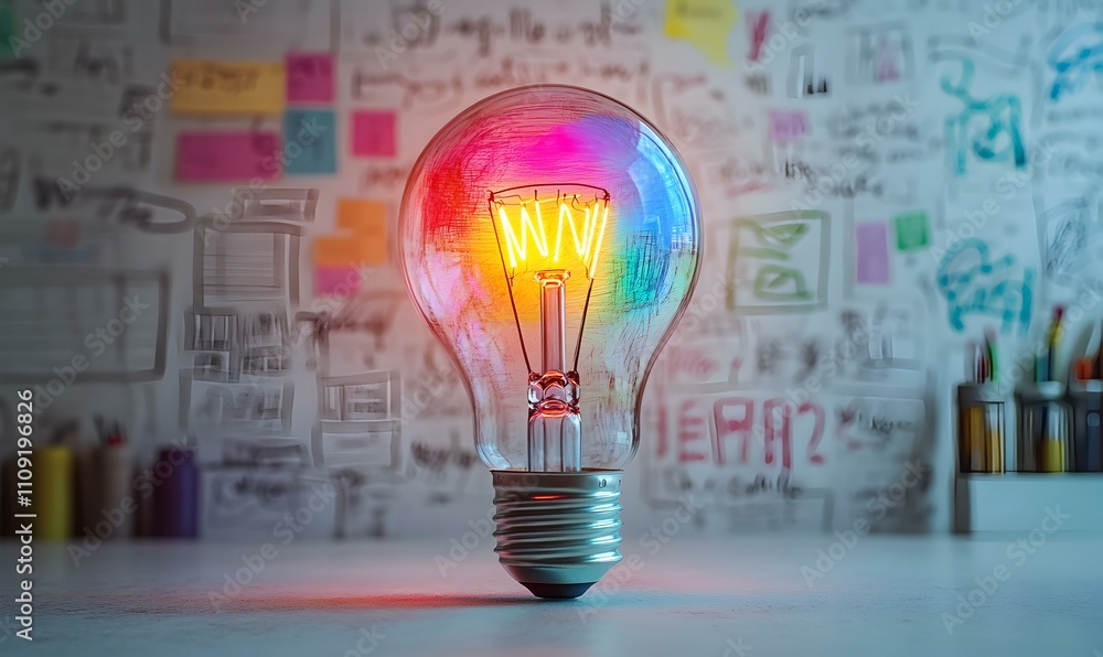 Poster vibrant glow of illumination, a luminous light bulb radiates a spectrum of colors, creating a captiv