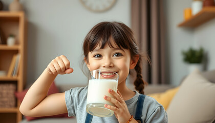 Happy, health and milk by girl strong bone pose in living room, drinking milk for wellness, teeth and child development. Portrait, face and happy, proud and empowered child happy with breakfast drin