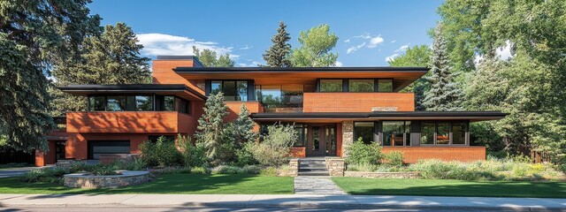 Obraz premium Modern Rustic House with Red Brick Walls, Black Wood Gable Roof and Stone Wall Elements for Architecture Design. Green Landscaping with Pathway Adds Charm.