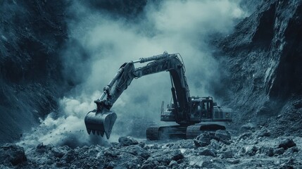 Heavy Construction Equipment Concept, Massive Excavator Arm Crushing Through Large Stones in Rocky Terrain Under Dramatic Sky