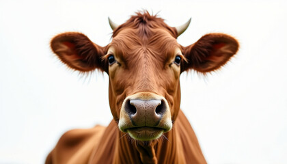 Close up of a curious brown cow looking directly at the camera.