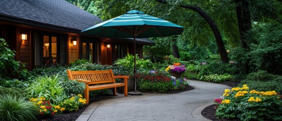 Obraz premium [Outdoor Dining outdoor dining] Secluded Lodge Entryway with Soothing Morning Ambiance