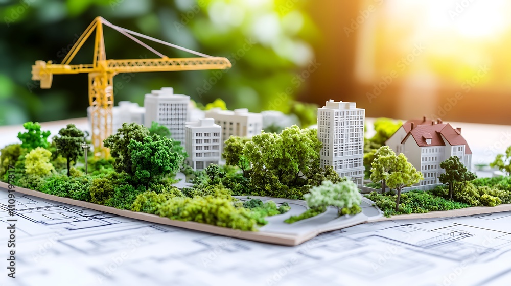 Poster visualizing urban development with a detailed architectural model and blueprint