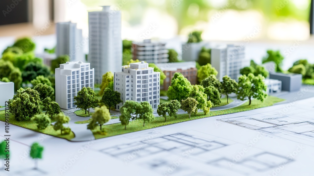 Aufkleber visualizing urban development with a detailed architectural model and blueprint