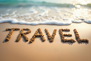 The word TRAVEL is spelled out in sand on a beach, with gentle waves lapping at the shore in the background.