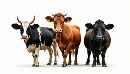 Three cows of different breeds showcasing unique markings and colors.